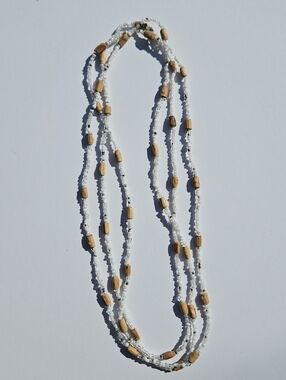 Extra Long White & Wood Beaded Single Strand Necklace
